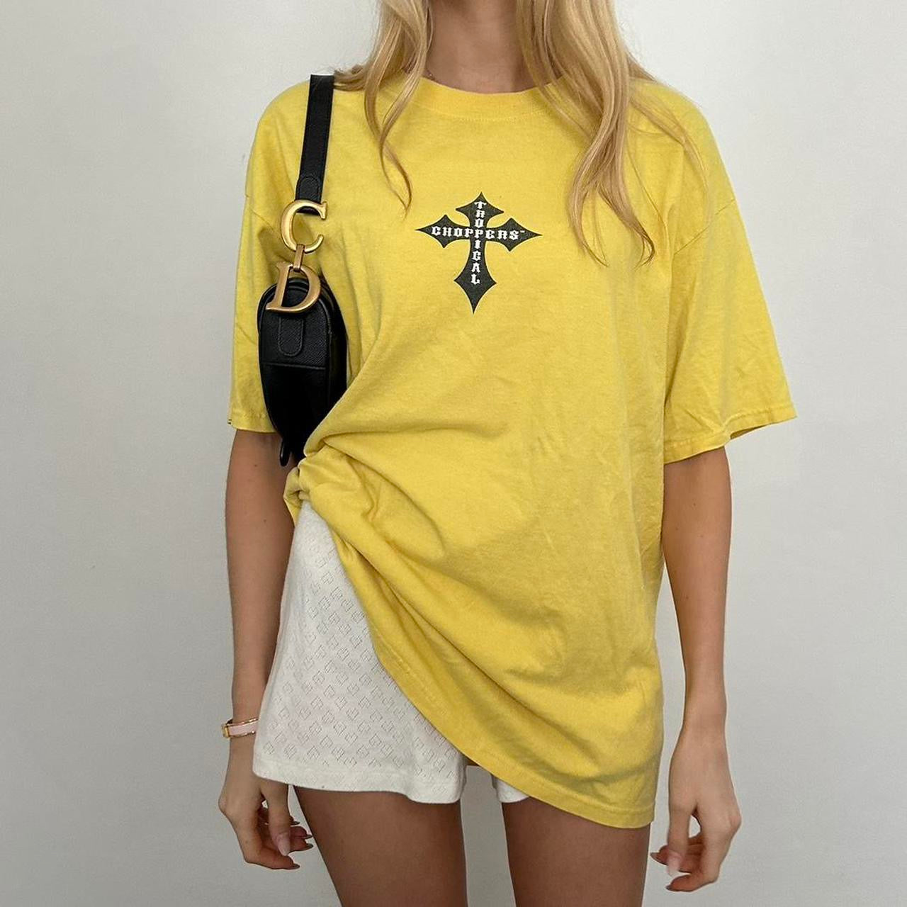 Vintage 2000s yellow West Coast Choppers graphic varsity top