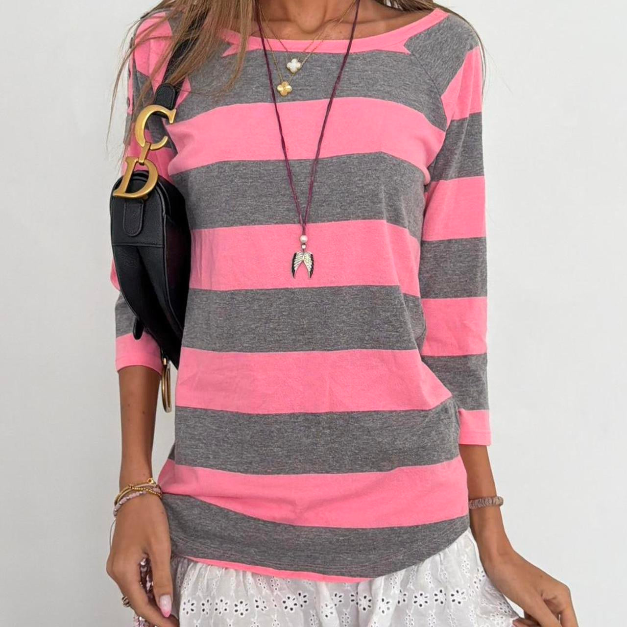 Vintage 00s pink & grey striped long sleeve top
