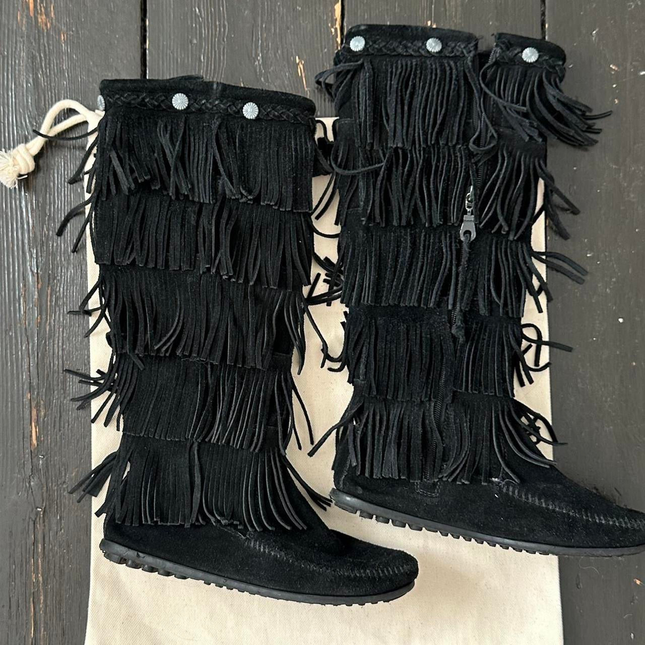 Vintage black suede fringe leather boots