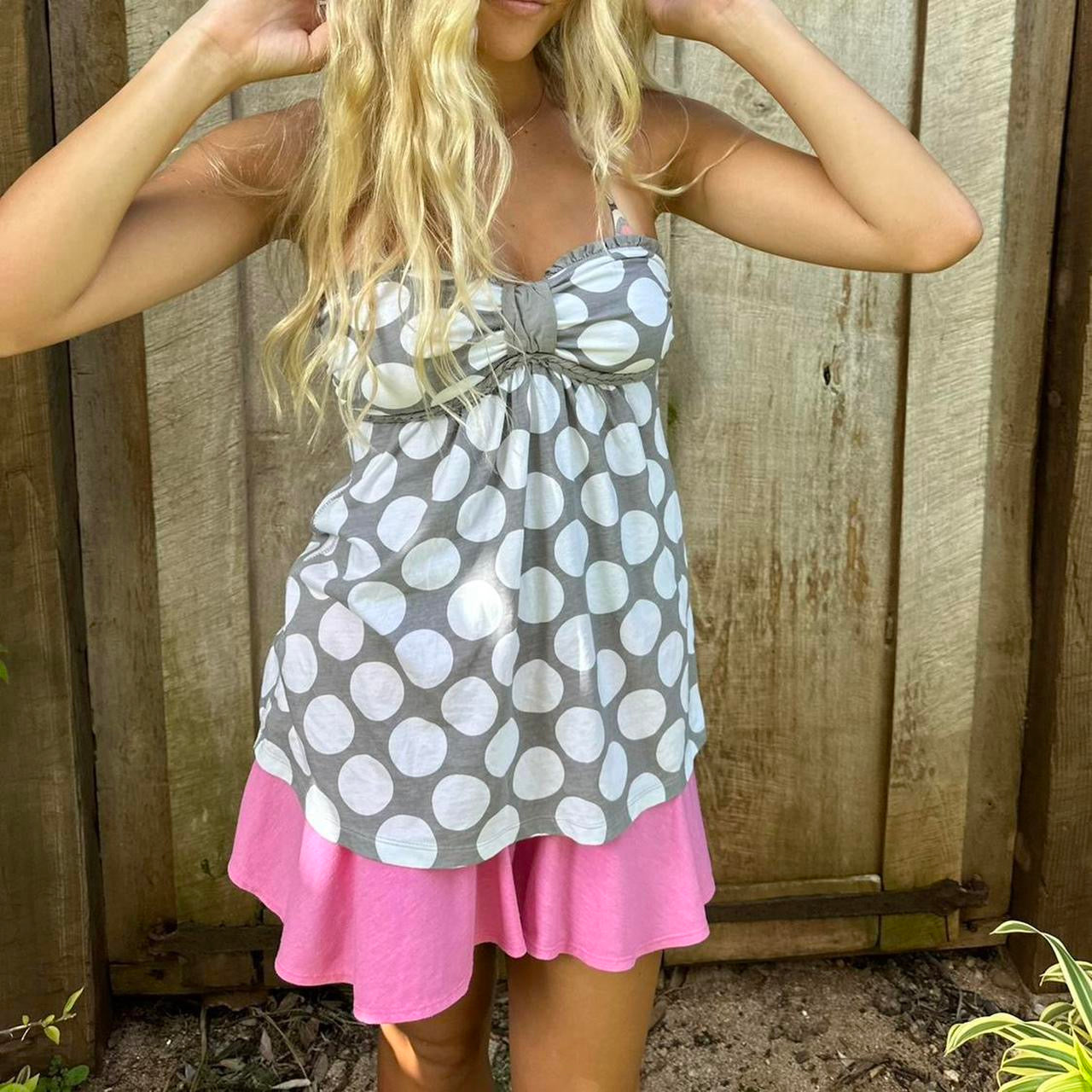 Vintage Abercrombie and Fitch grey polka dot strapless top
