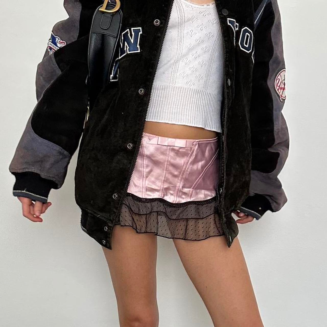 Vintage early 2000s pink and black lace micro mini skirt