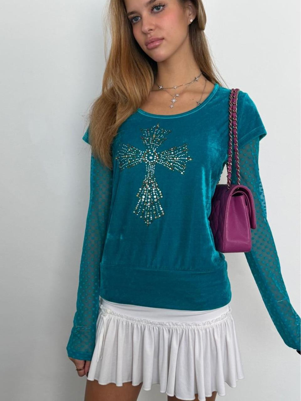 Vintage 00’s turquoise velvet cross design top