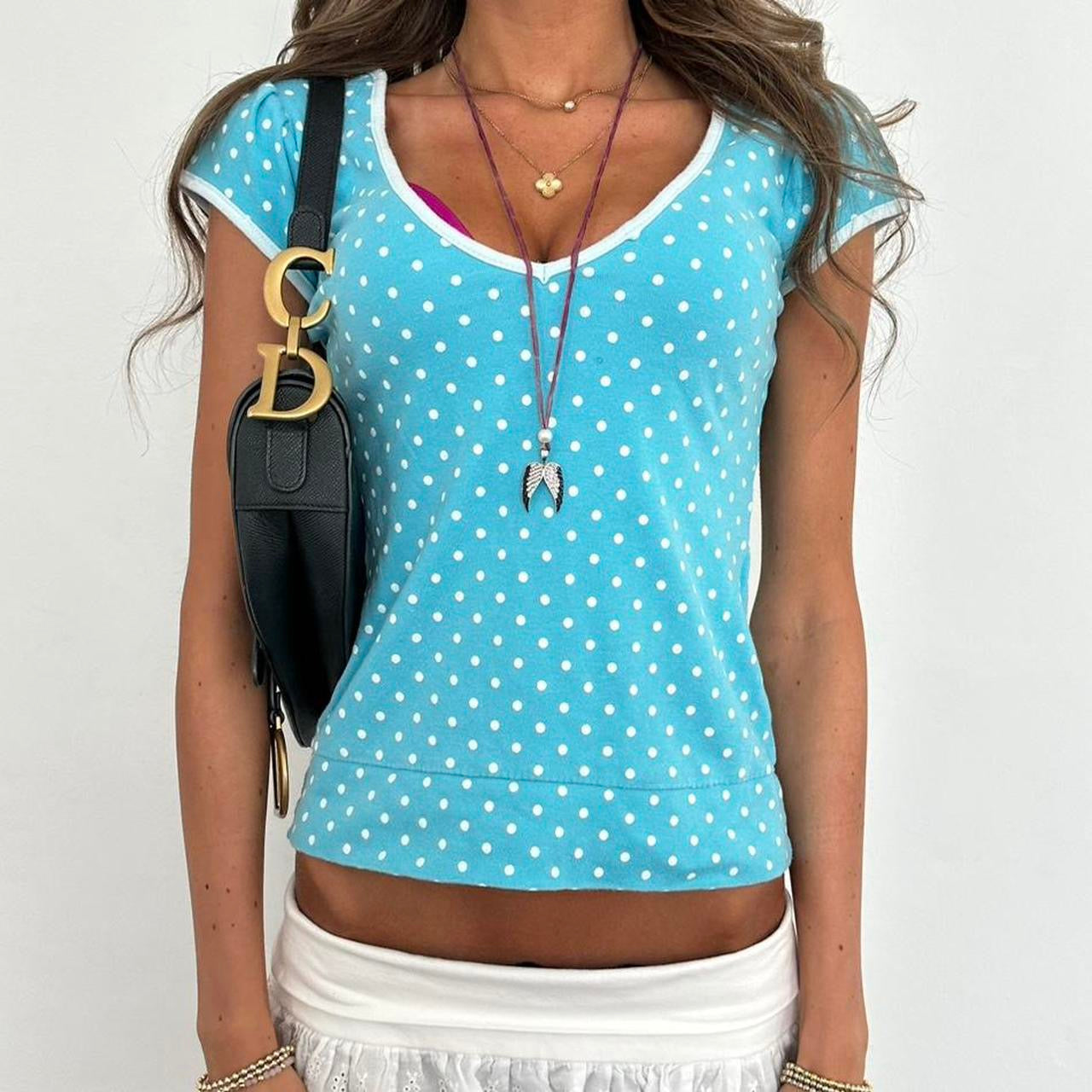 Vintage aqua blue polka dots top