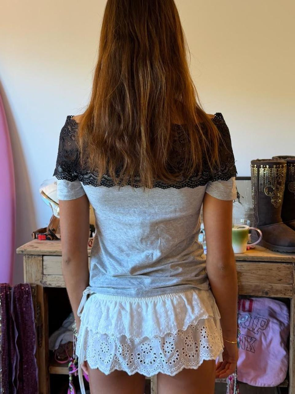Vintage 00’s grey and black lace off shoulder top