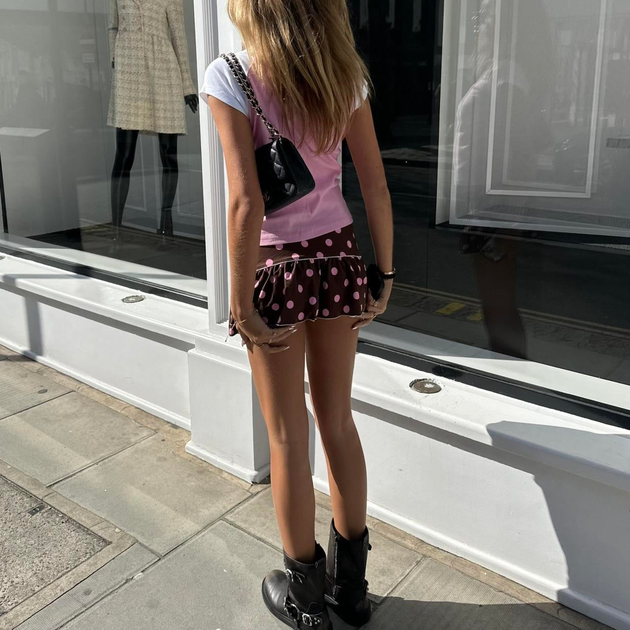 Vintage 90’s pink and brown polka dot mini skirt