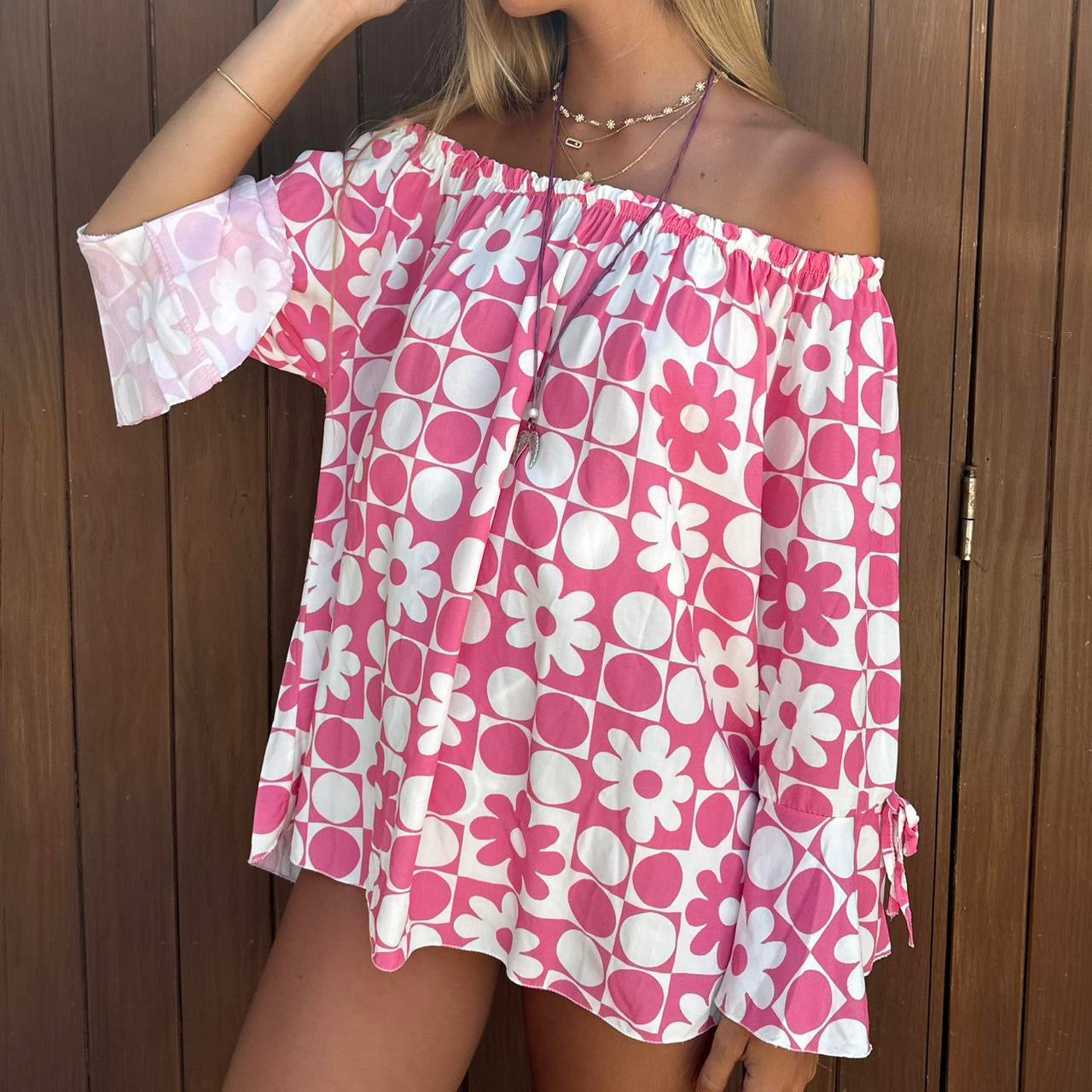 Vintage pink off shoulder mini dress