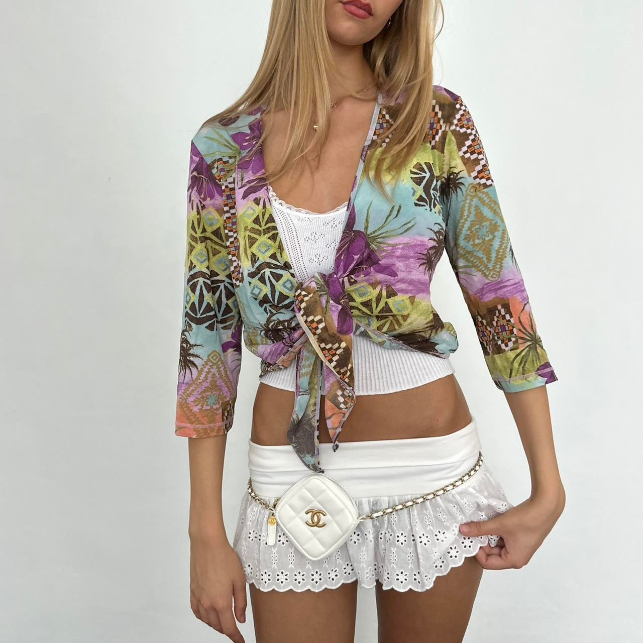 Vintage flower graphic tie up layering top
