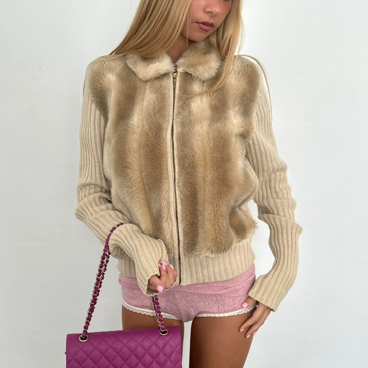 Vintage cream and brown faux fur zip-up jacket