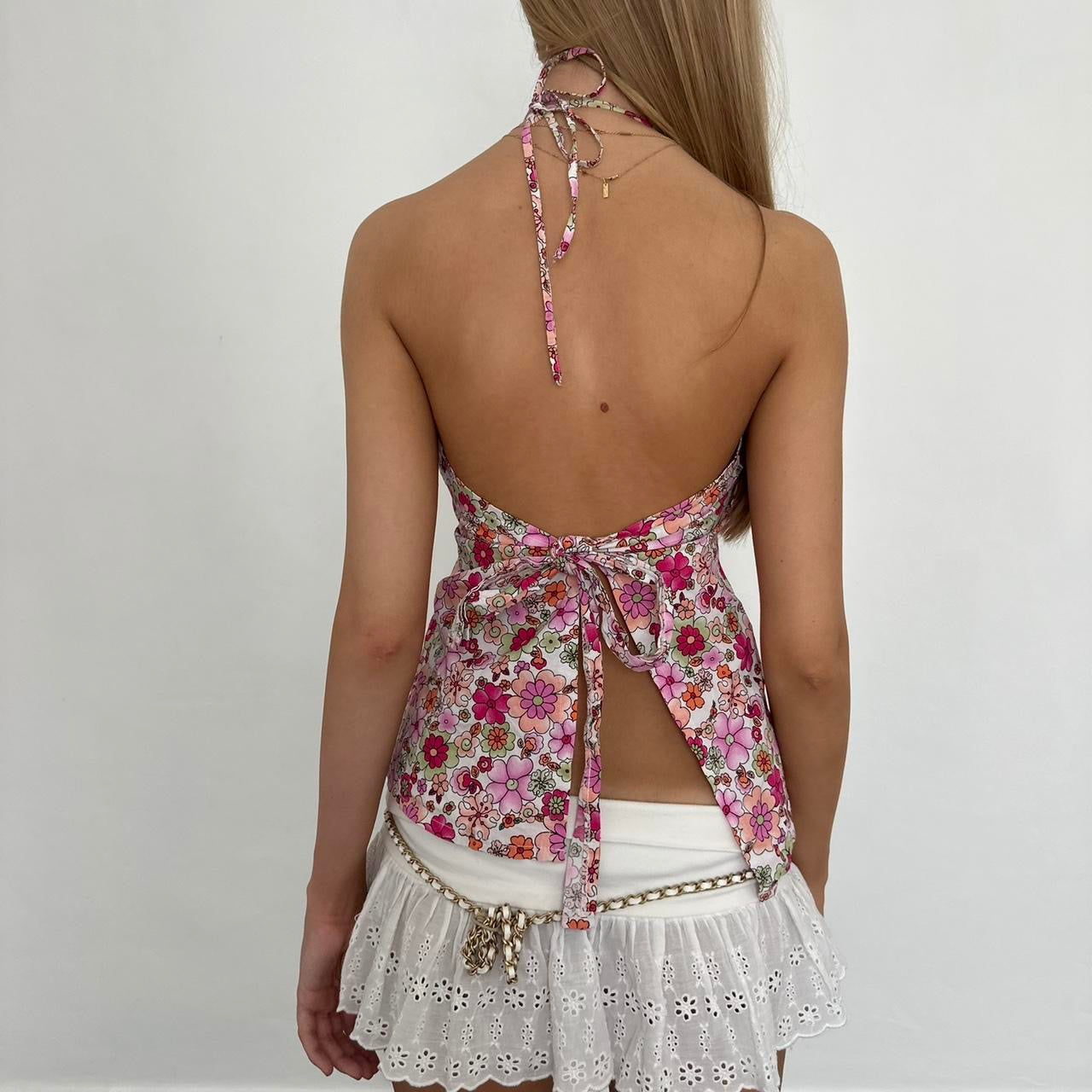 Vintage 2000’s flower halter top with sweetheart neckline and tie up back