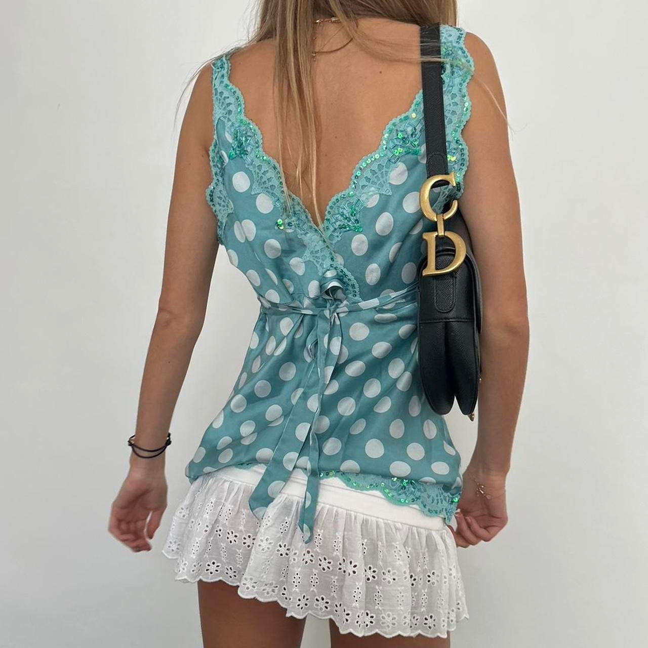Vintage blue polka dot sequin embellished top