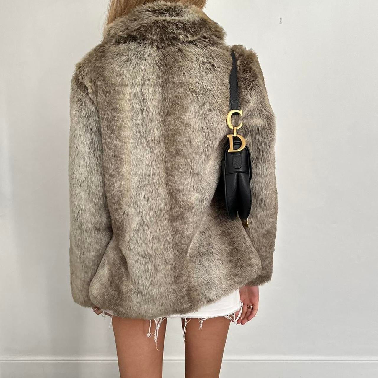 Vintage 2000’s grey/brown hooded faux fur jacket
