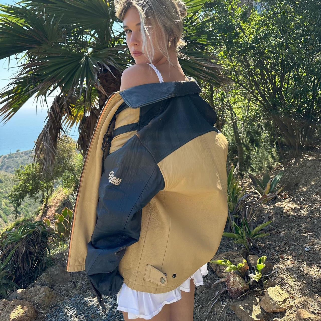 Vintage 90s Guess leather striped leather jacket