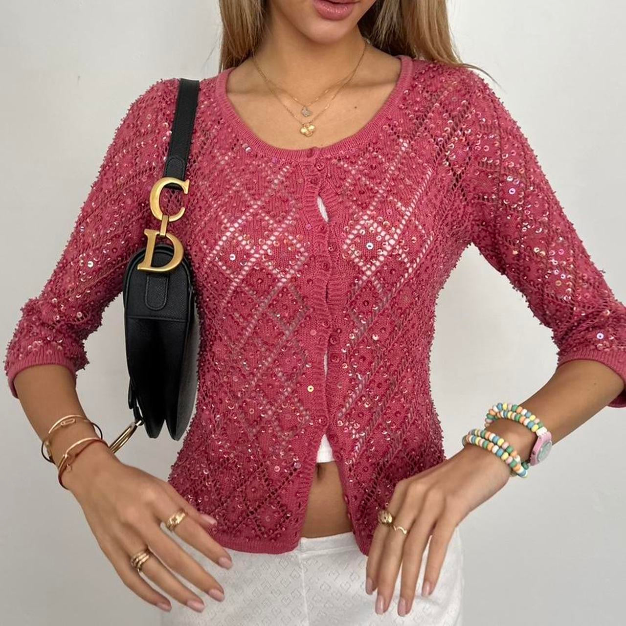 Vintage pink knit sequin cardigan top