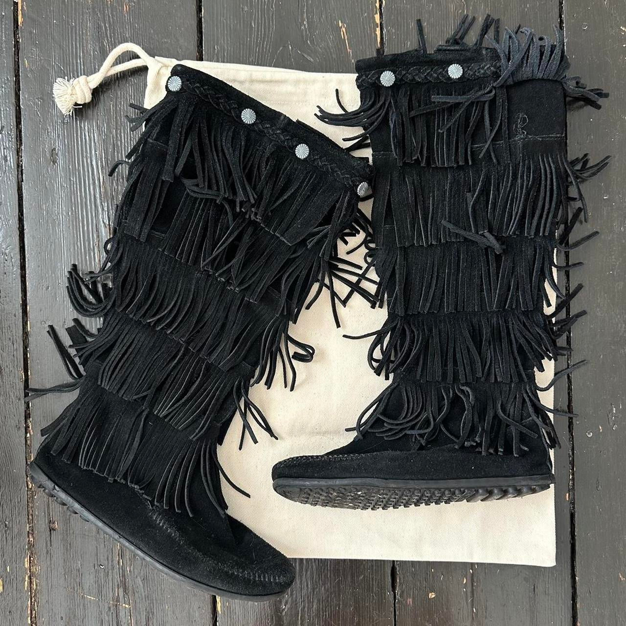 Vintage black suede fringe leather boots