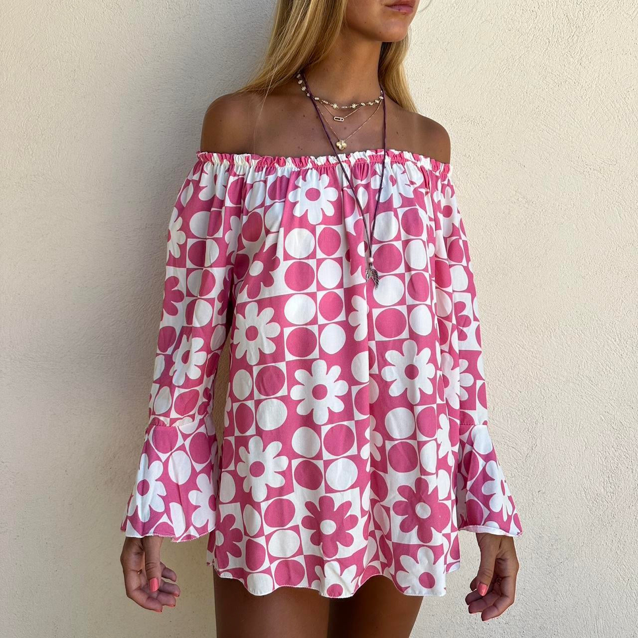 Vintage pink off shoulder mini dress