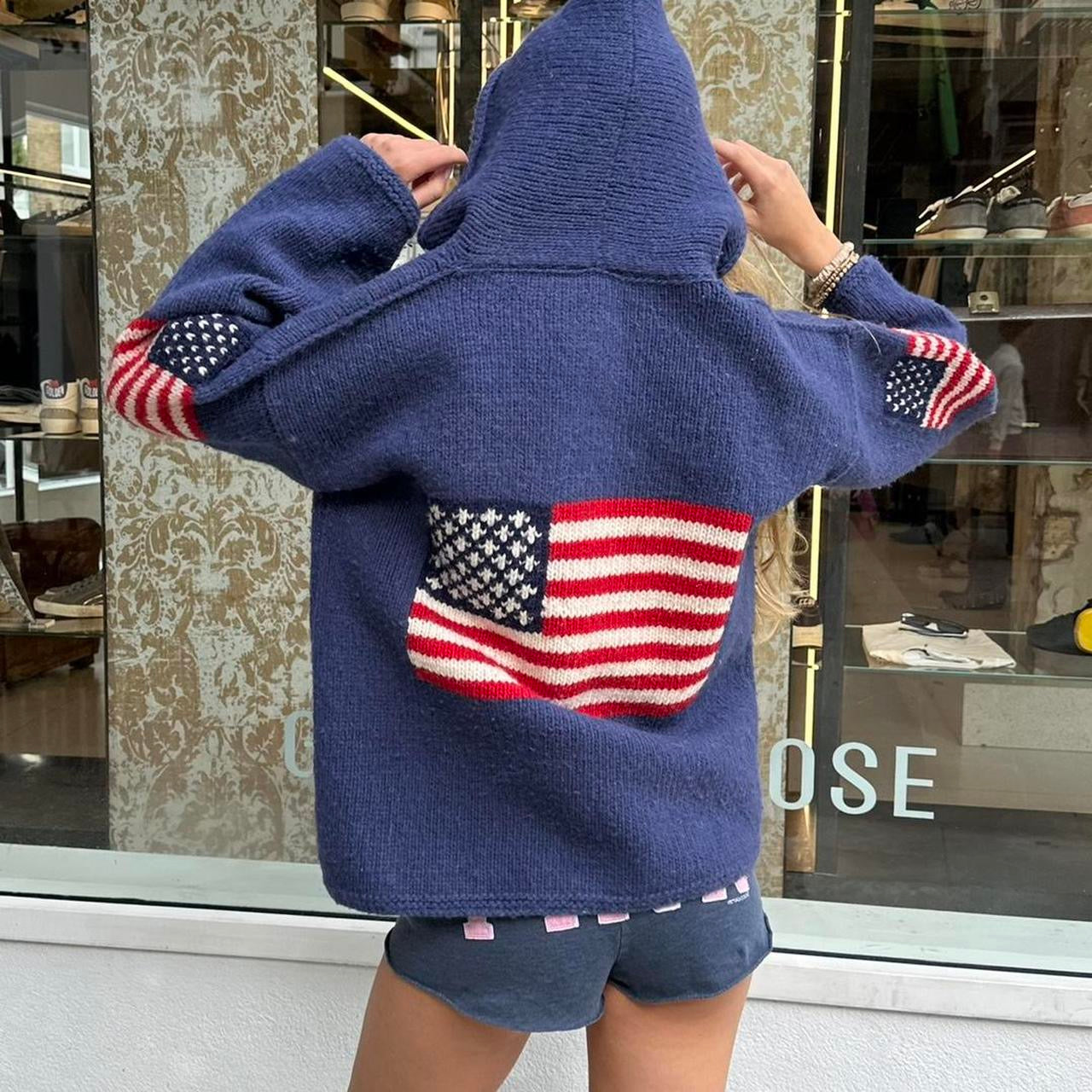 Vintage 2000’s navy American flag knitted zip up hoodie