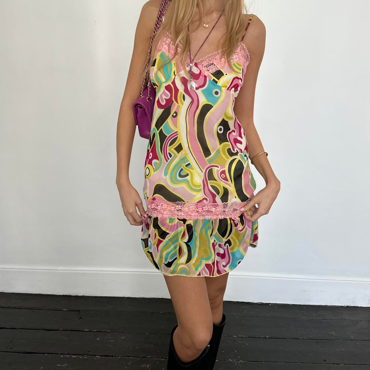 Vintage 2000’s colourful silky dress with lace details