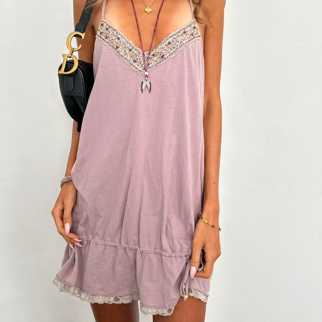 Vintage pink sequin tie detail mini dress