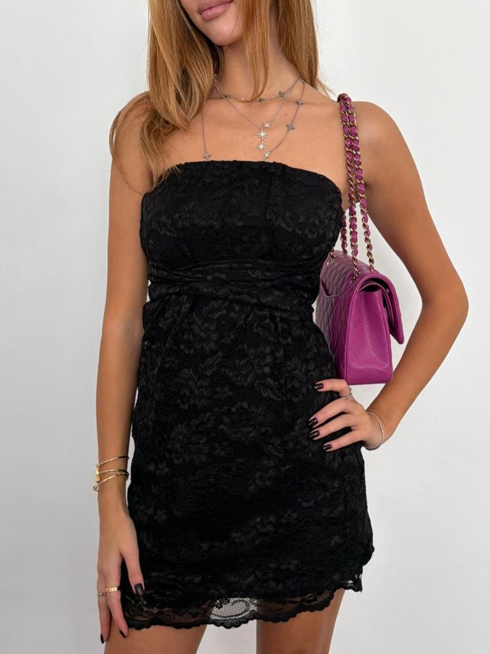 Vintage 00s black lace strapless mini dress