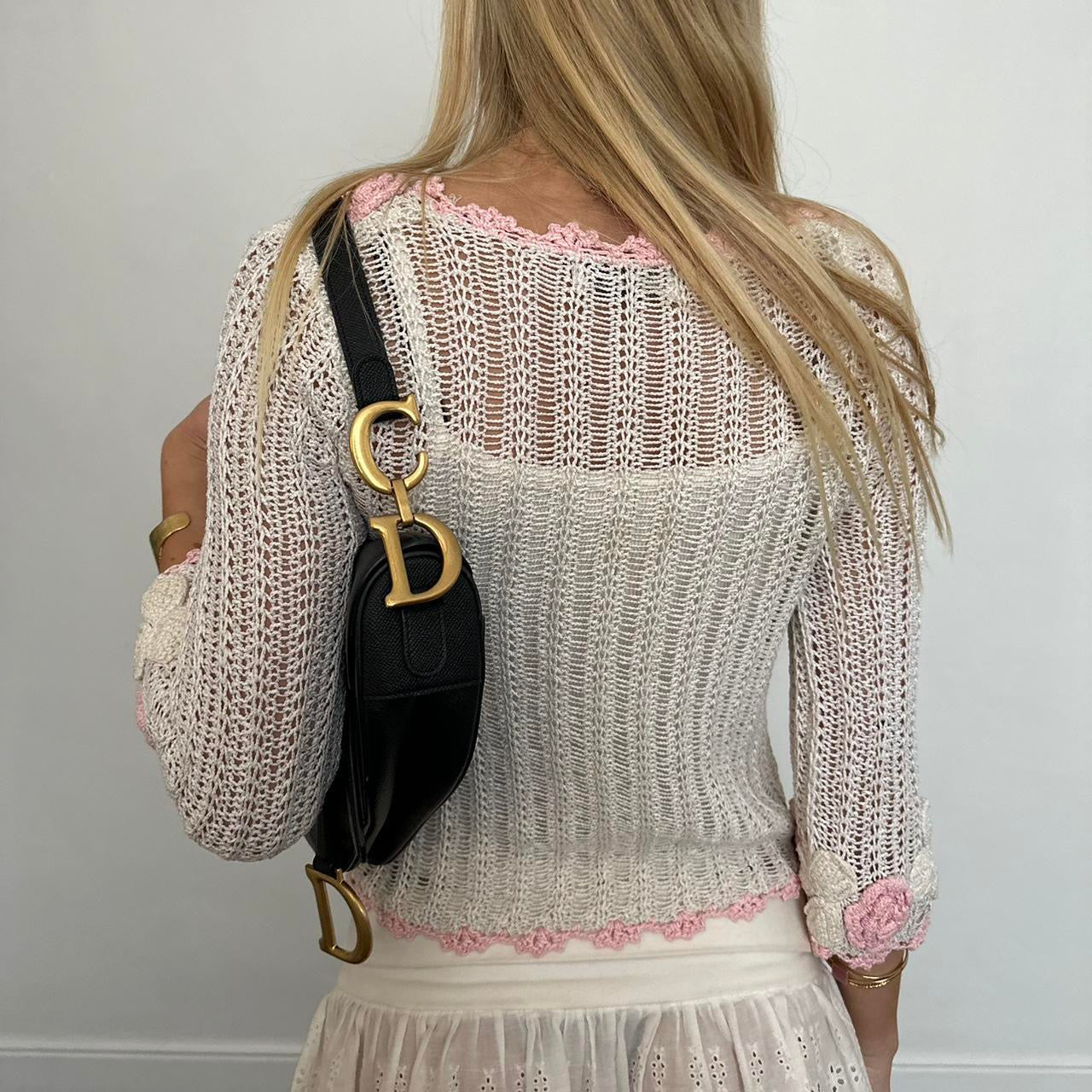 Vintage pink crochet flower knit long sleeve cardigan top