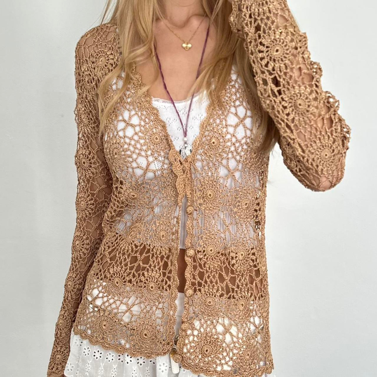 Vintage 90’s beige crochet cardigan top