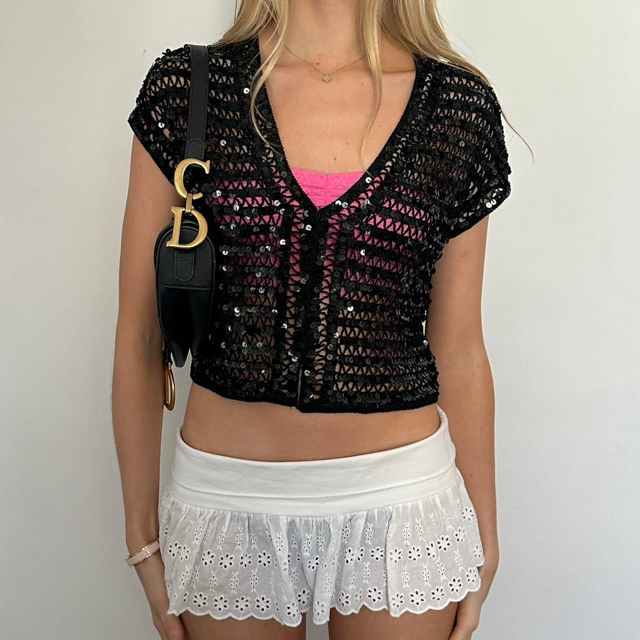 Vintage black sequin crochet cardigan top