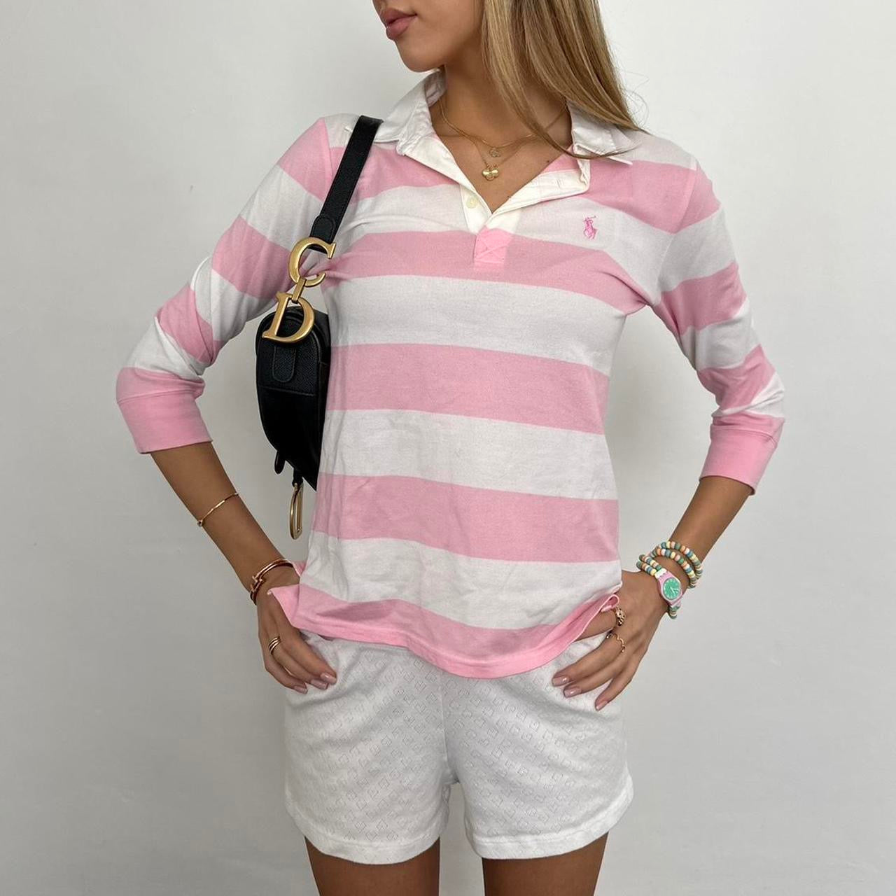 Vintage Ralph Lauren pink and white stripe polo top