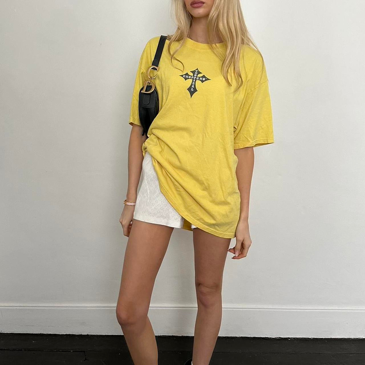 Vintage 2000s yellow West Coast Choppers graphic varsity top