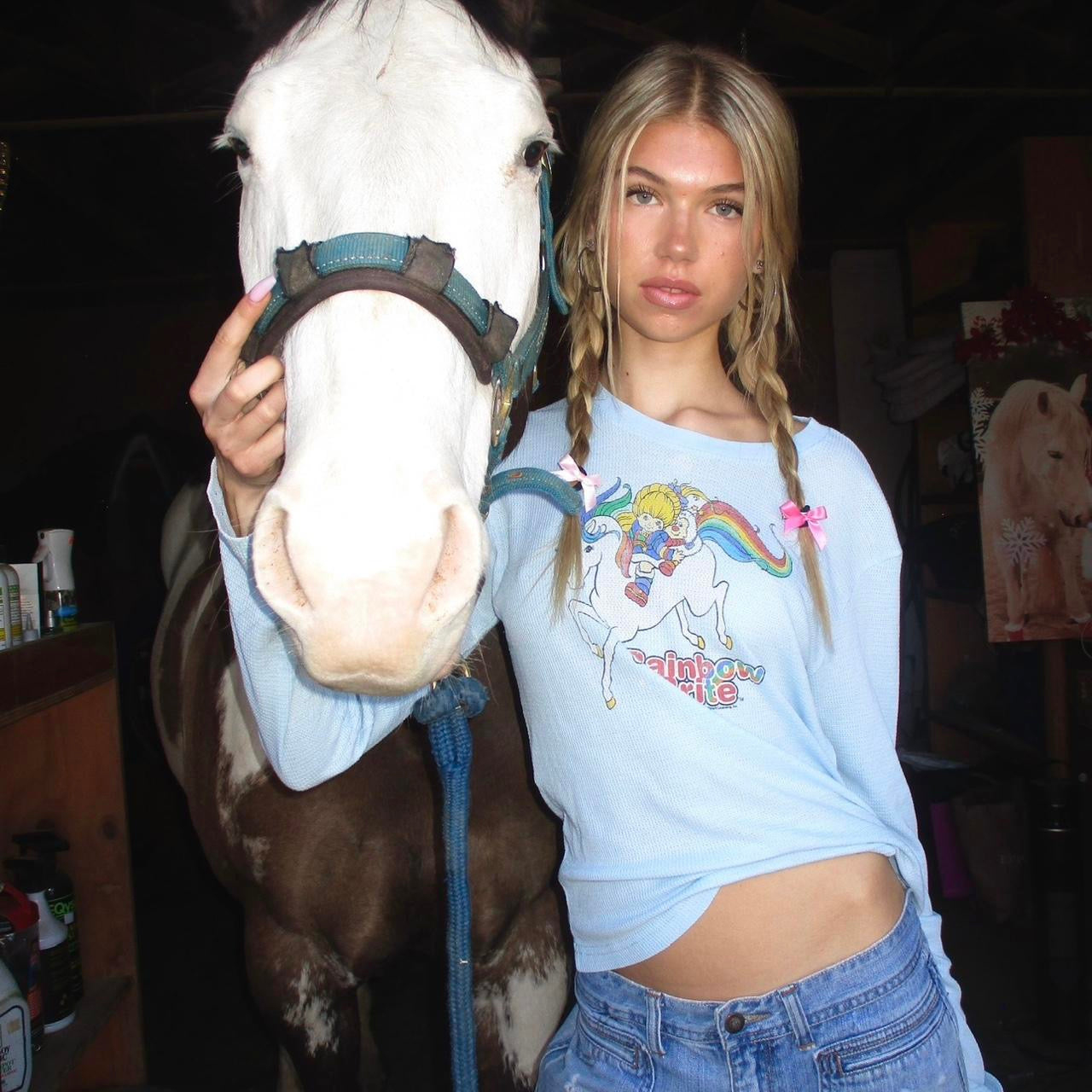 Vintage American waffle blue long sleeve top