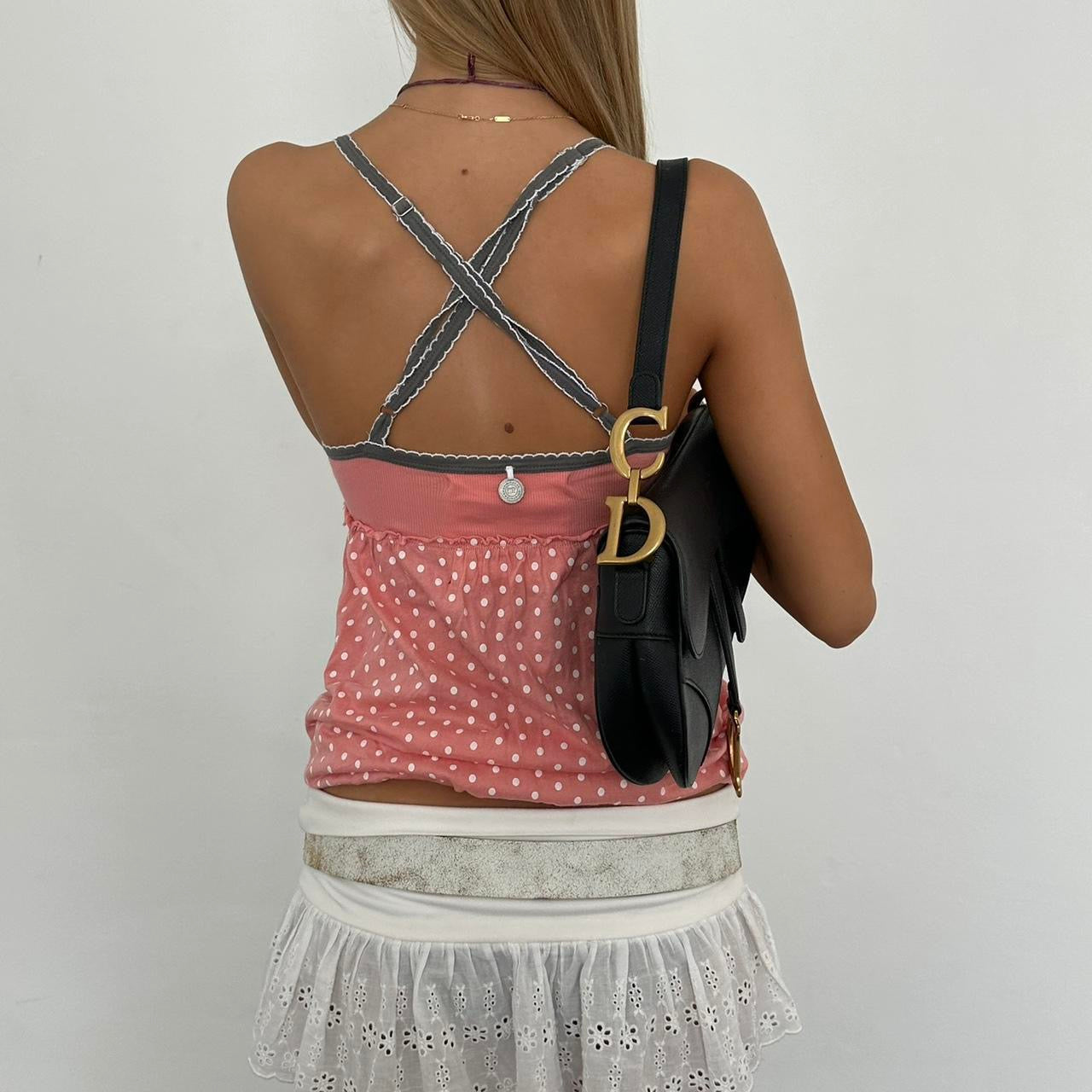 Vintage 90’s white and pink polka dot embroidered cami top