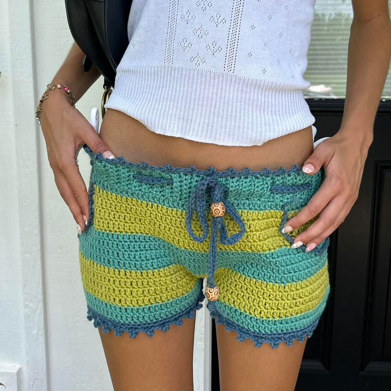 Vintage 2000’s striped yellow and green crochet shorts