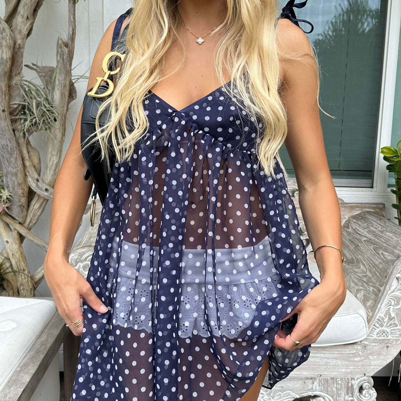 Vintage Victorias Secret navy polka dots babydoll top