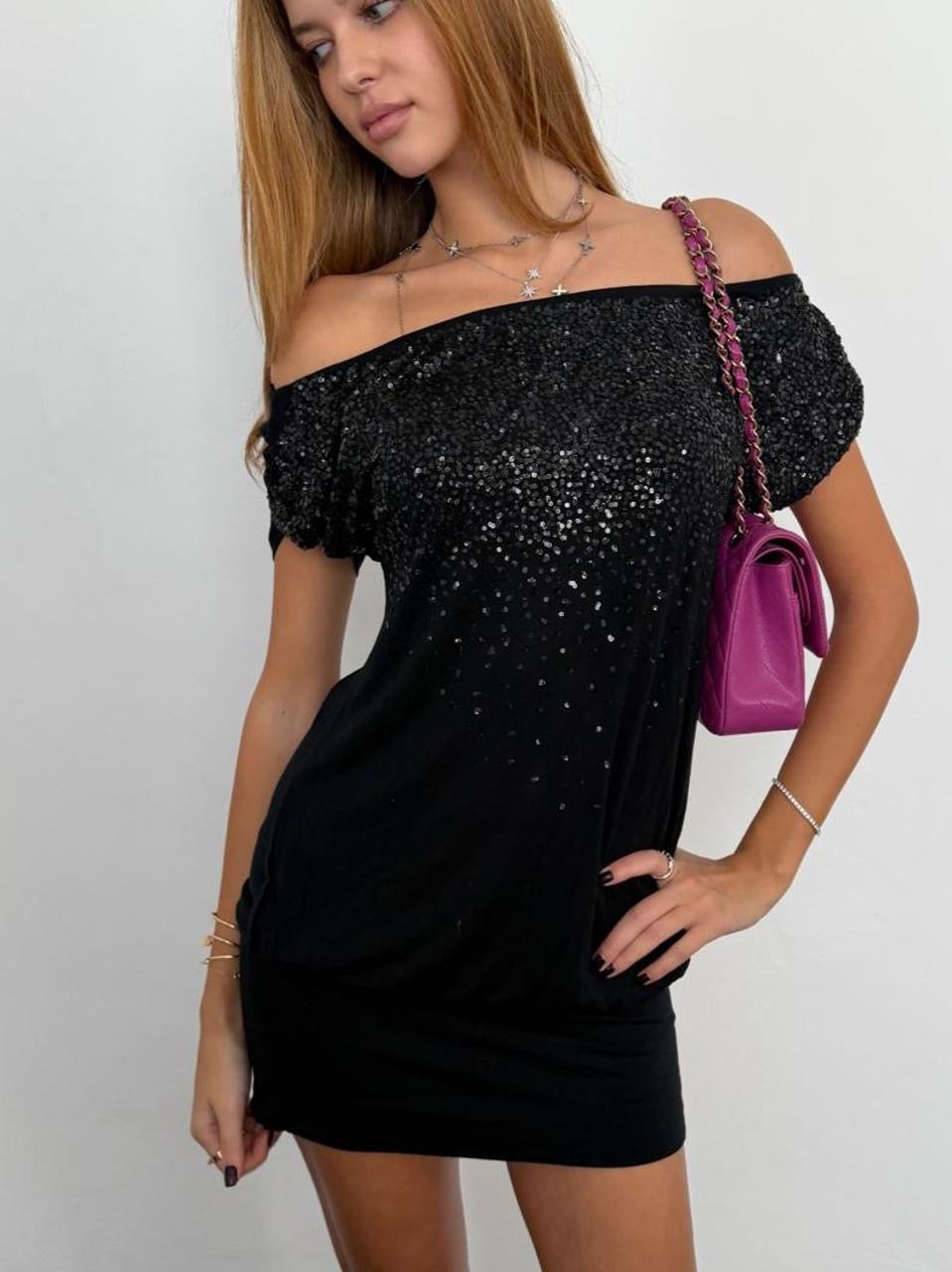 Vintage 00s black sequin off shoulder mini dress
