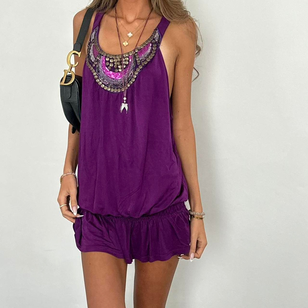Vintage 00s purple studded boho mini dress