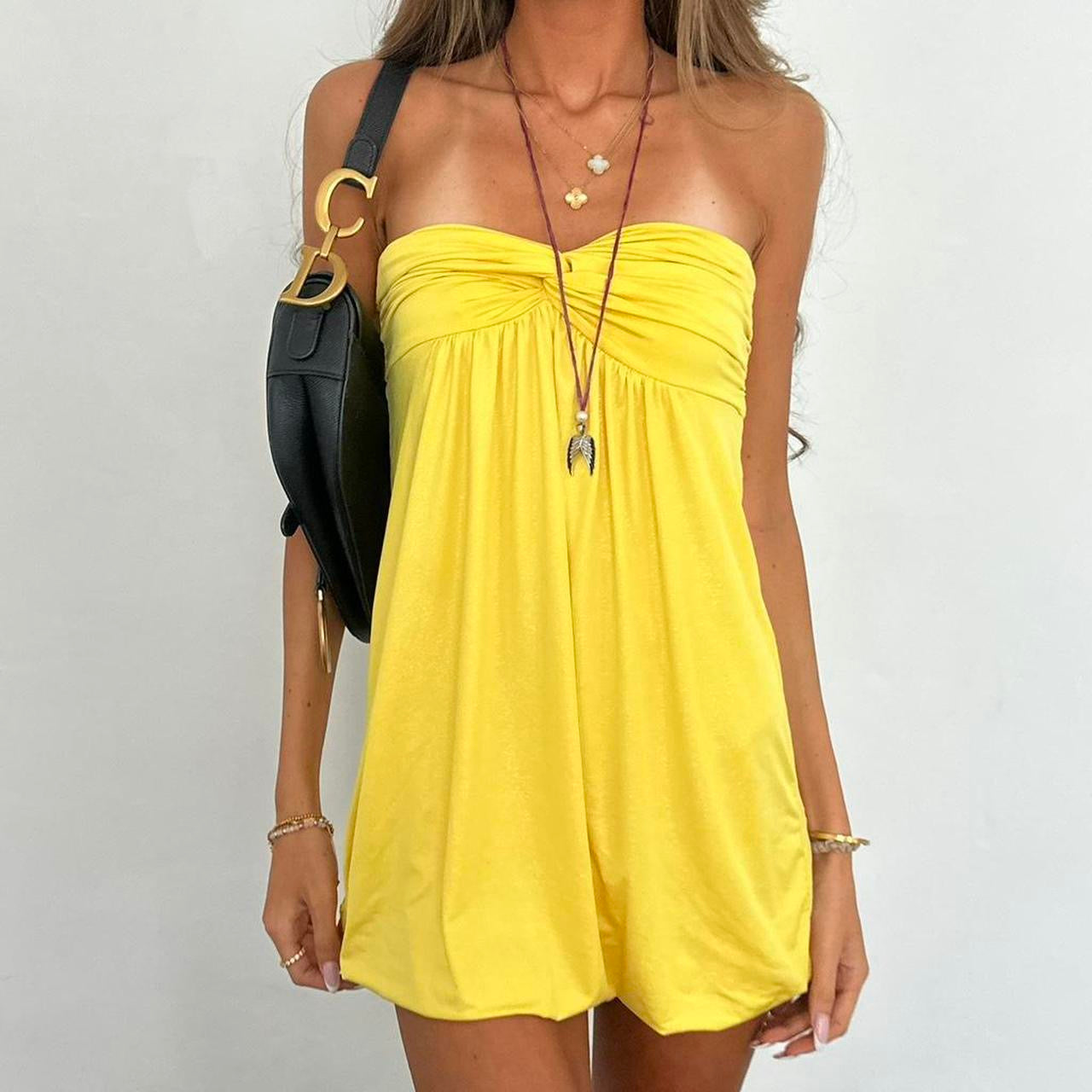 Vintage 00s yellow boho strapless mini dress