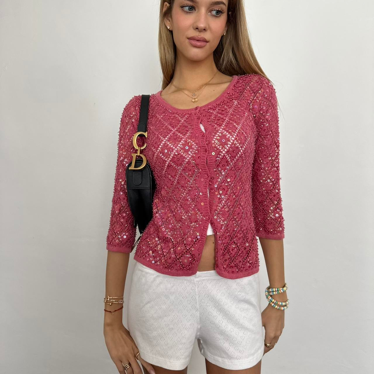 Vintage pink knit sequin cardigan top