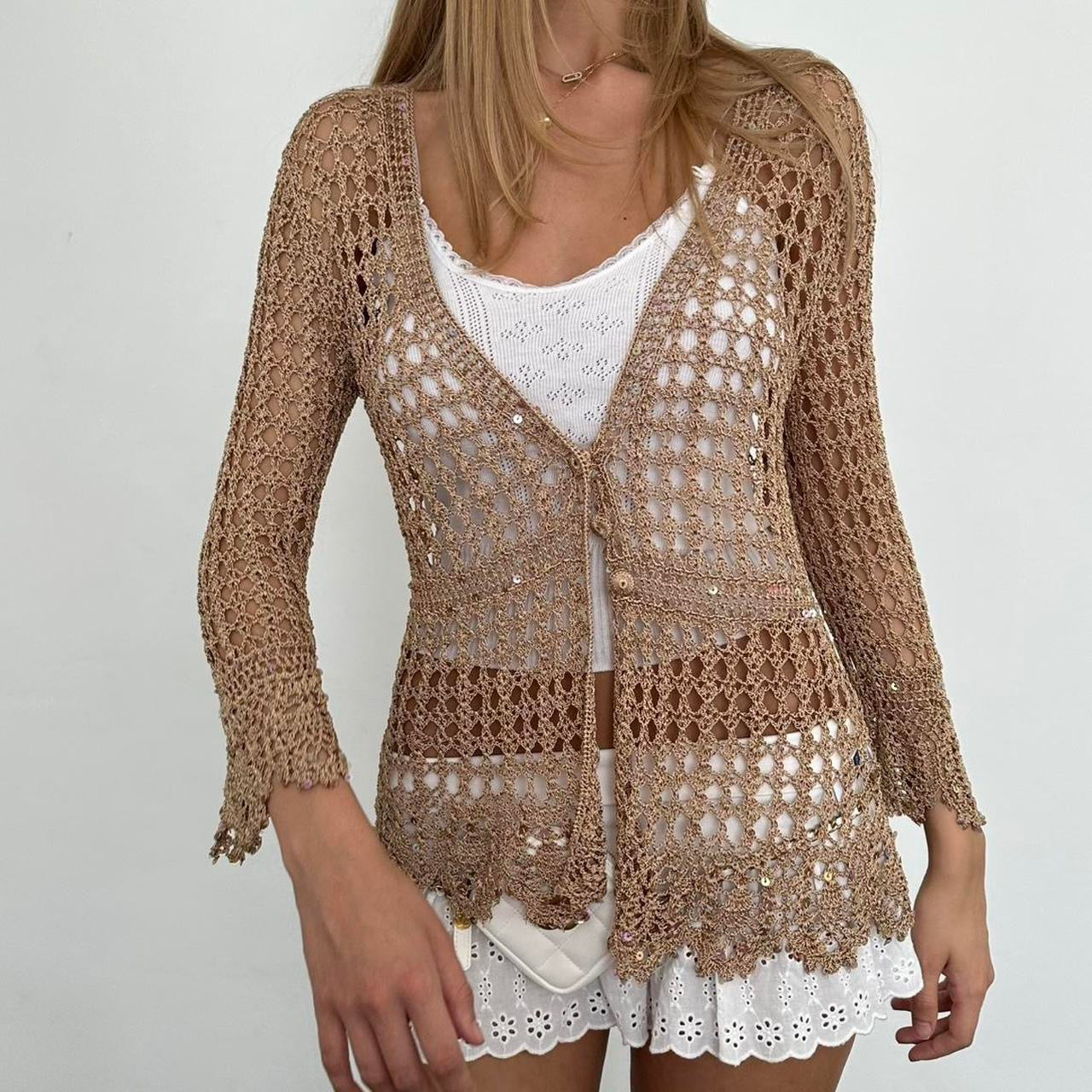 Vintage tan crochet delicate layering cardigan