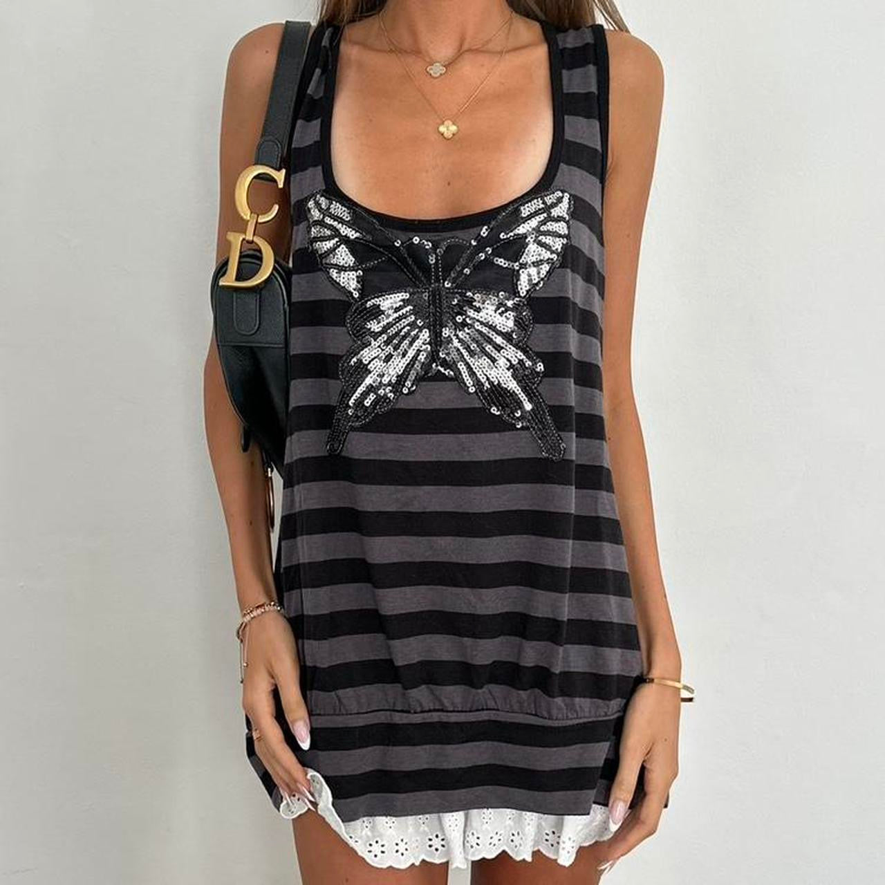 Vintage 00s black and grey stripe butterfly cami top
