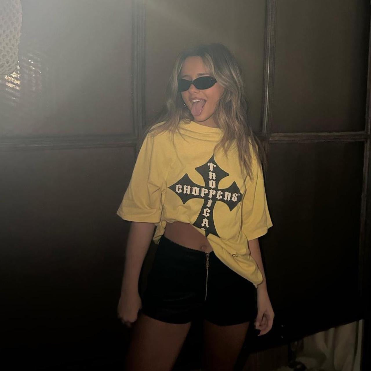 Vintage 2000s yellow West Coast Choppers graphic varsity top