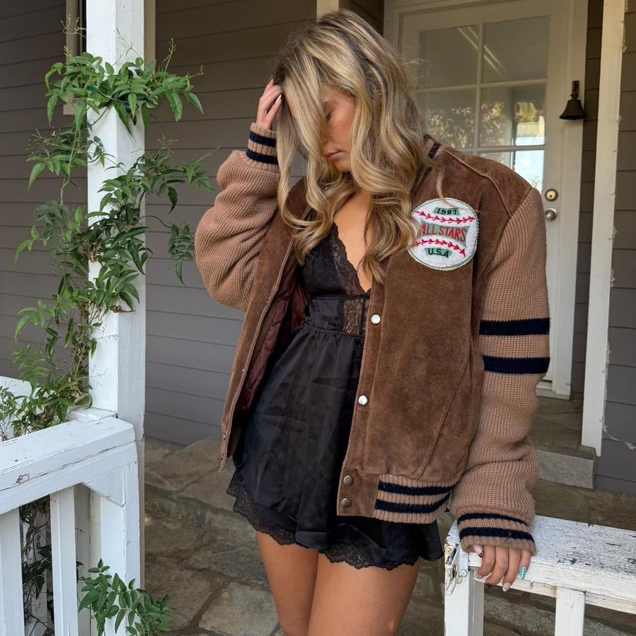 Vintage brown varsity zip up jacket with knit sleeves