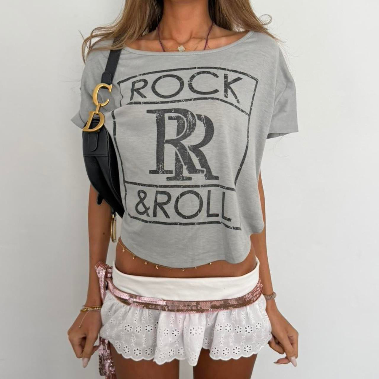 Vintage 90’s rock & roll off the shoulder baby tee