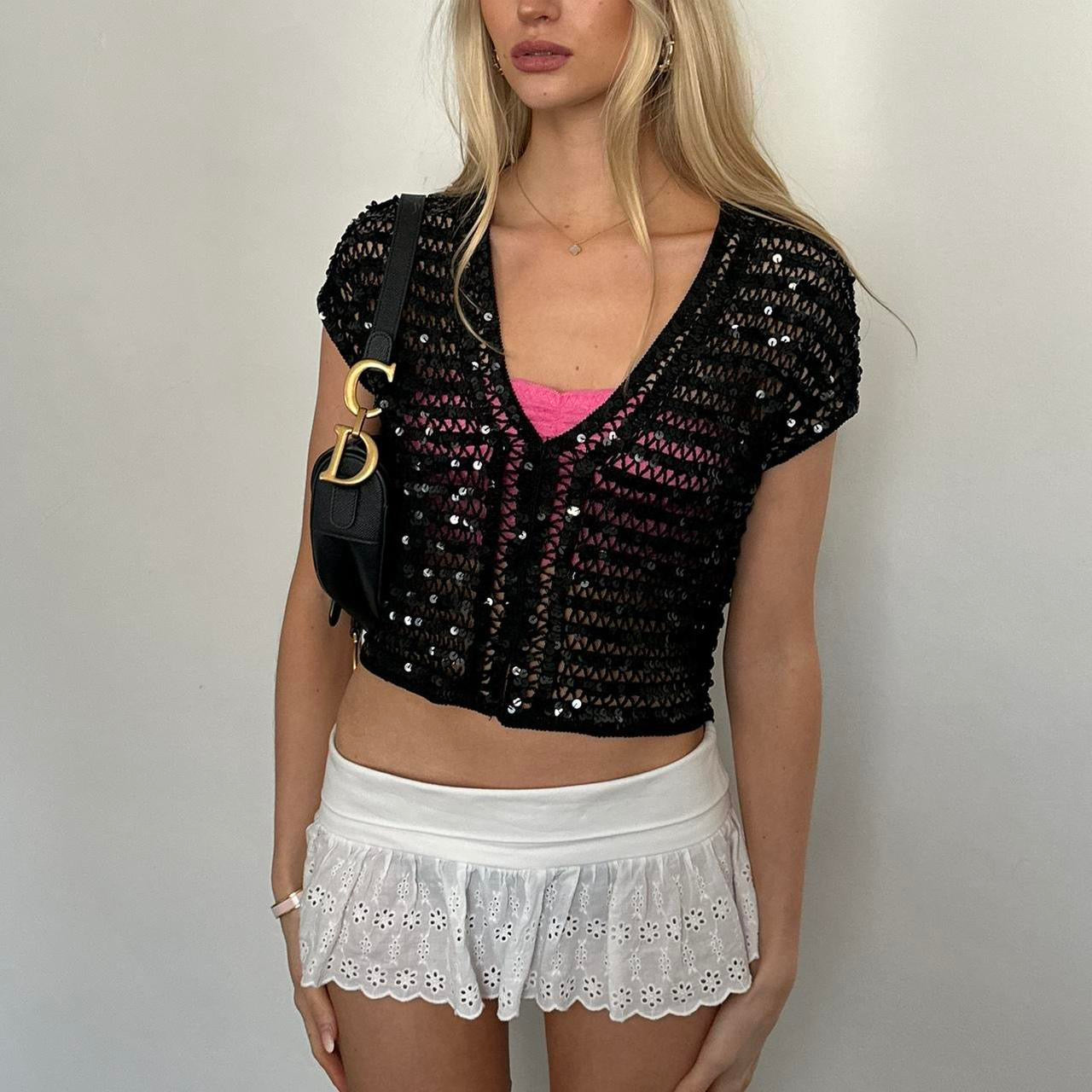 Vintage black sequin crochet cardigan top