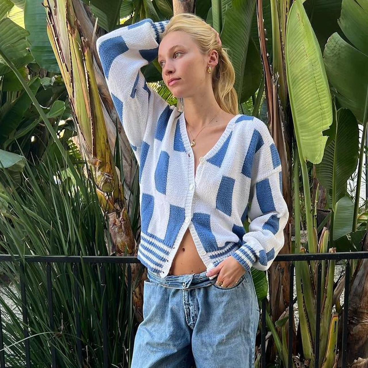 Vintage 90s Ciao Sport blue and white 100% cotton knit cardigan