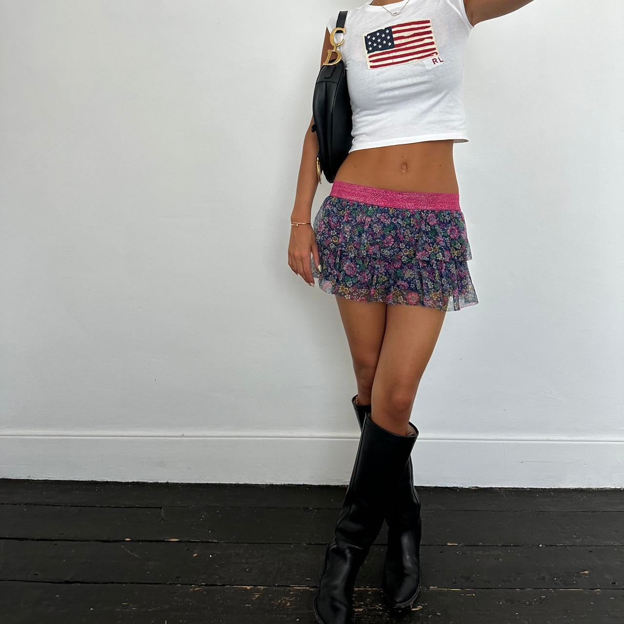 Vintage floral mesh layered mini skirt