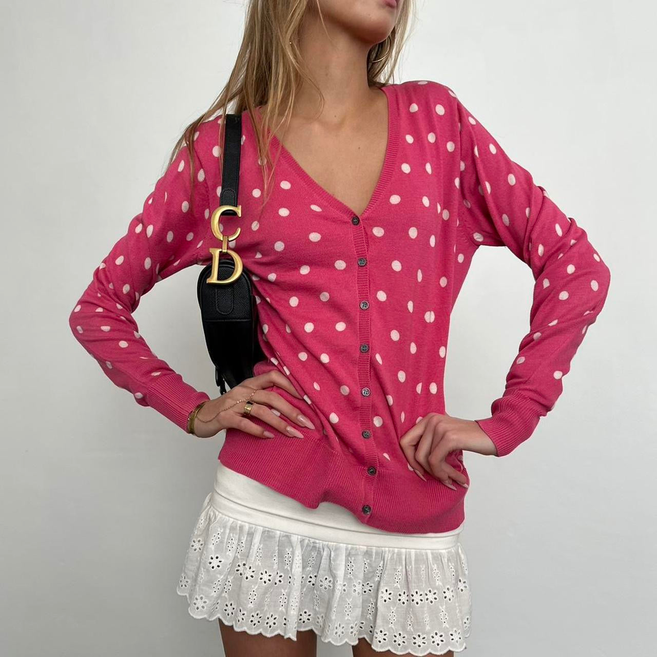 Vintage polka dot pink button cardigan top š