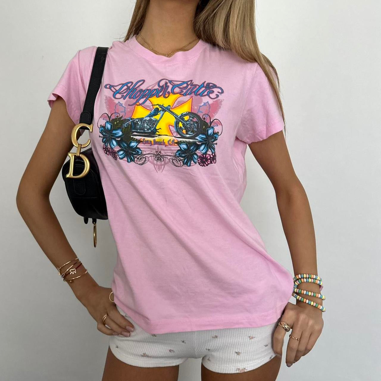 Vintage 2000s pink West Coast Choppers graphic varsity top