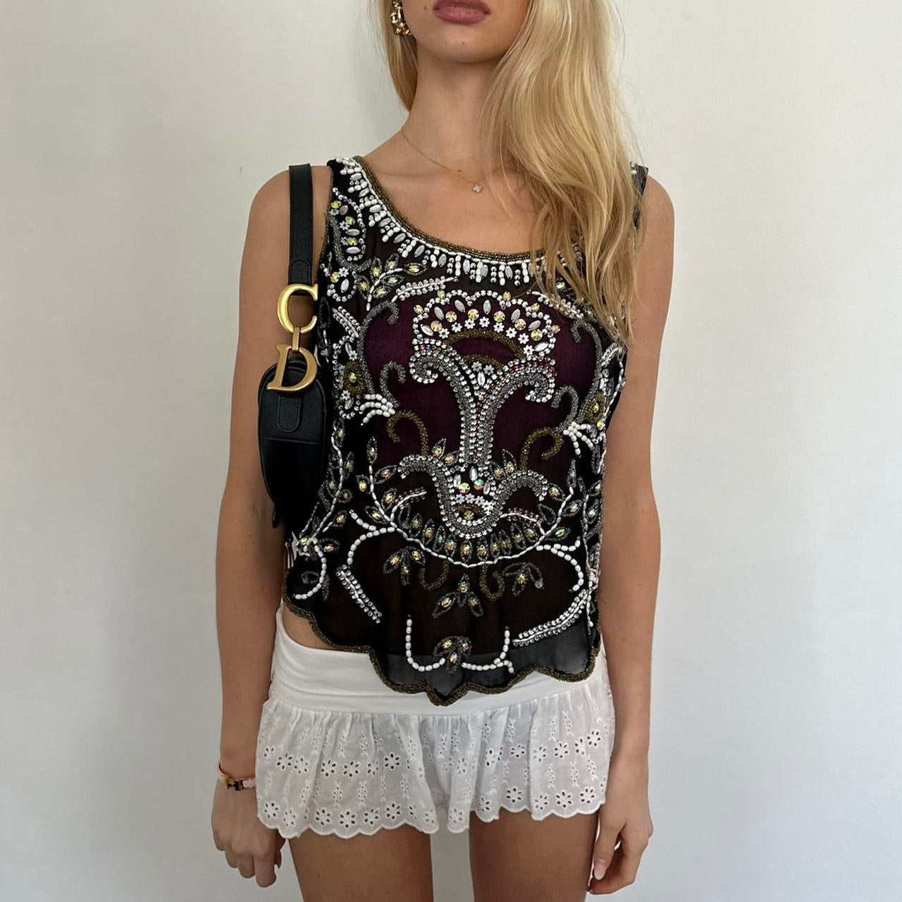 Vintage sequin embellished mesh top