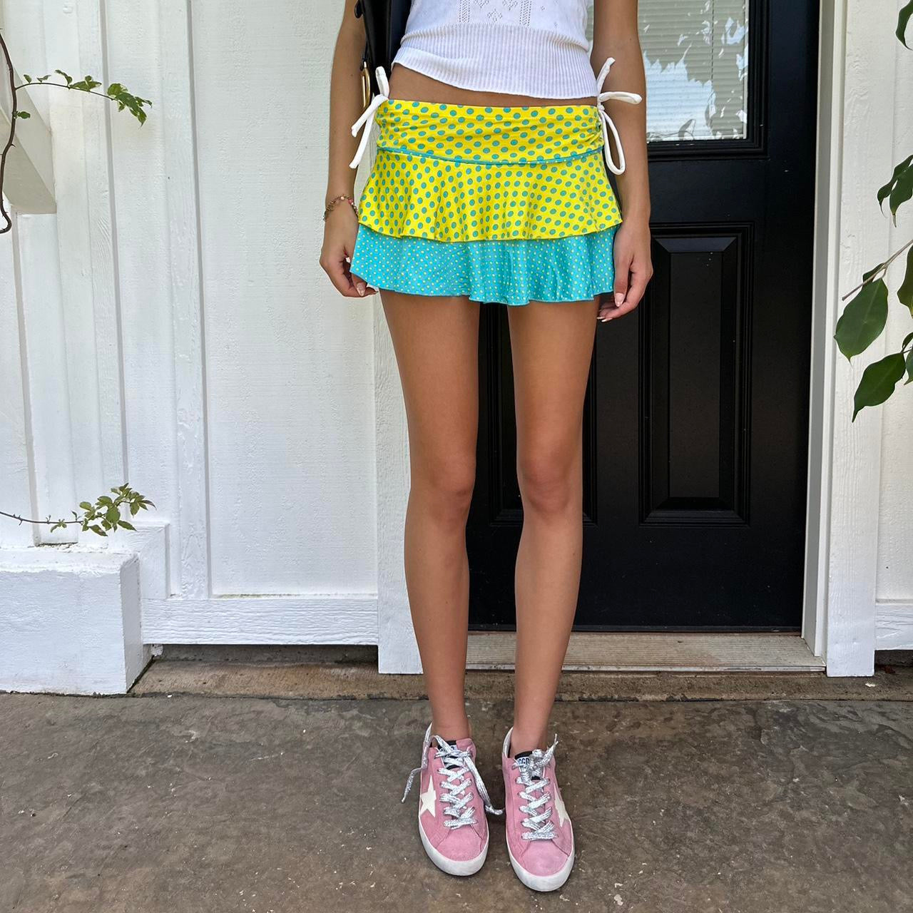 Vintage 90’s polka dots yellow and blue layered mini skirt
