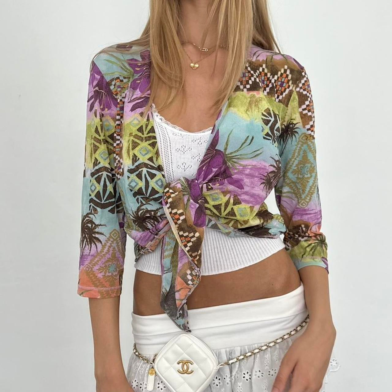 Vintage flower graphic tie up layering top