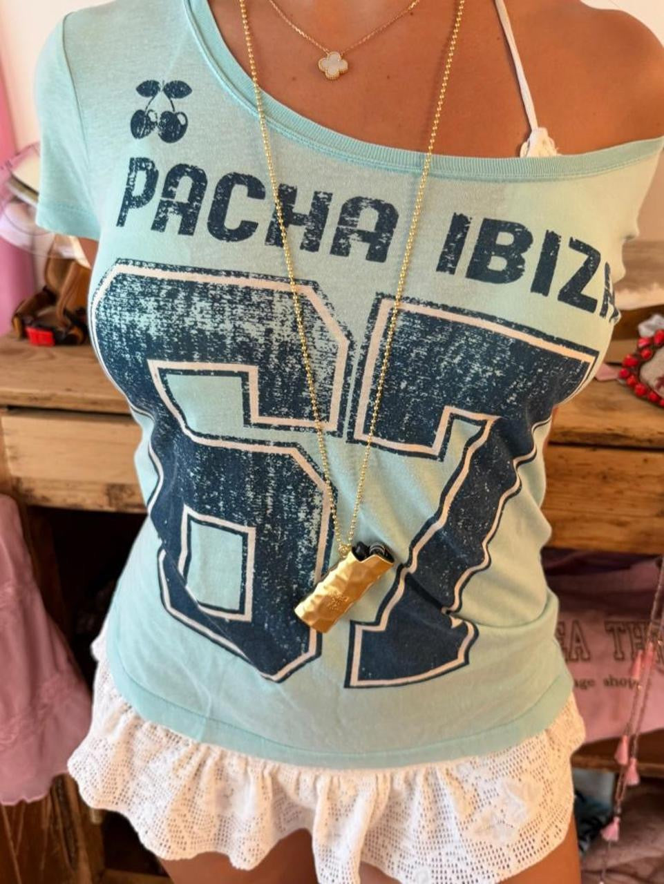 Vintage 00’s Pacha Ibiza blue graphic off the shoulder top